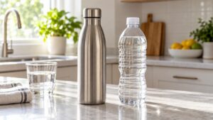 Plain stainless steel bottle beside a plain plastic bottle on a kitchen counter
