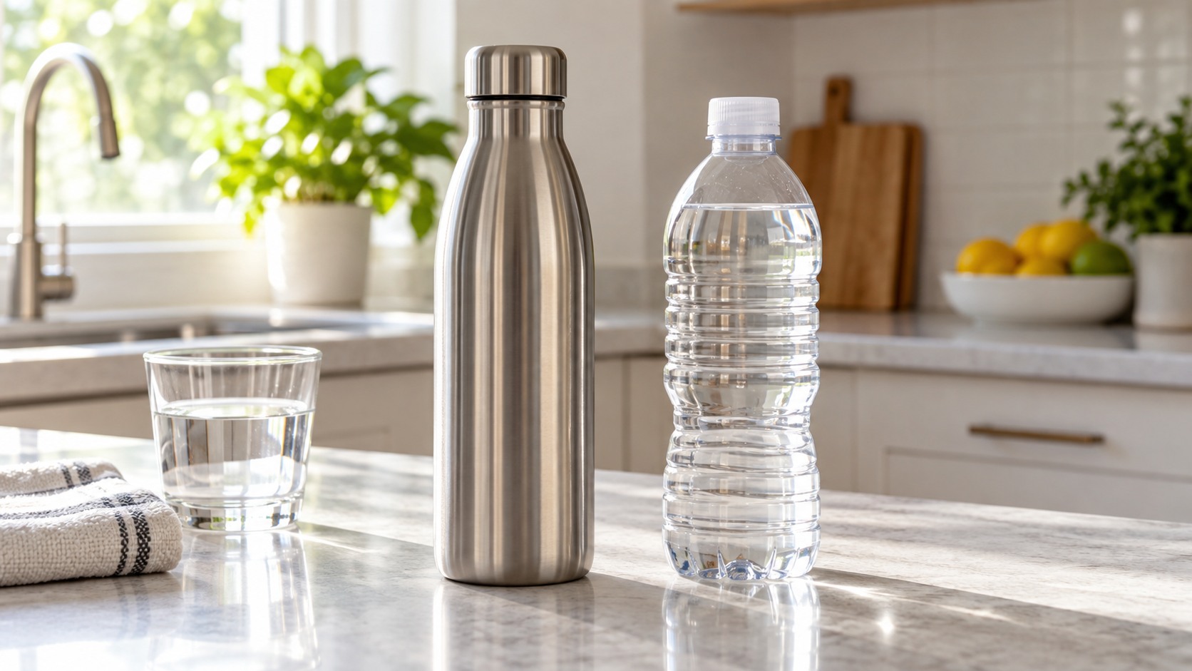 Plain stainless steel bottle beside a plain plastic bottle on a kitchen counter