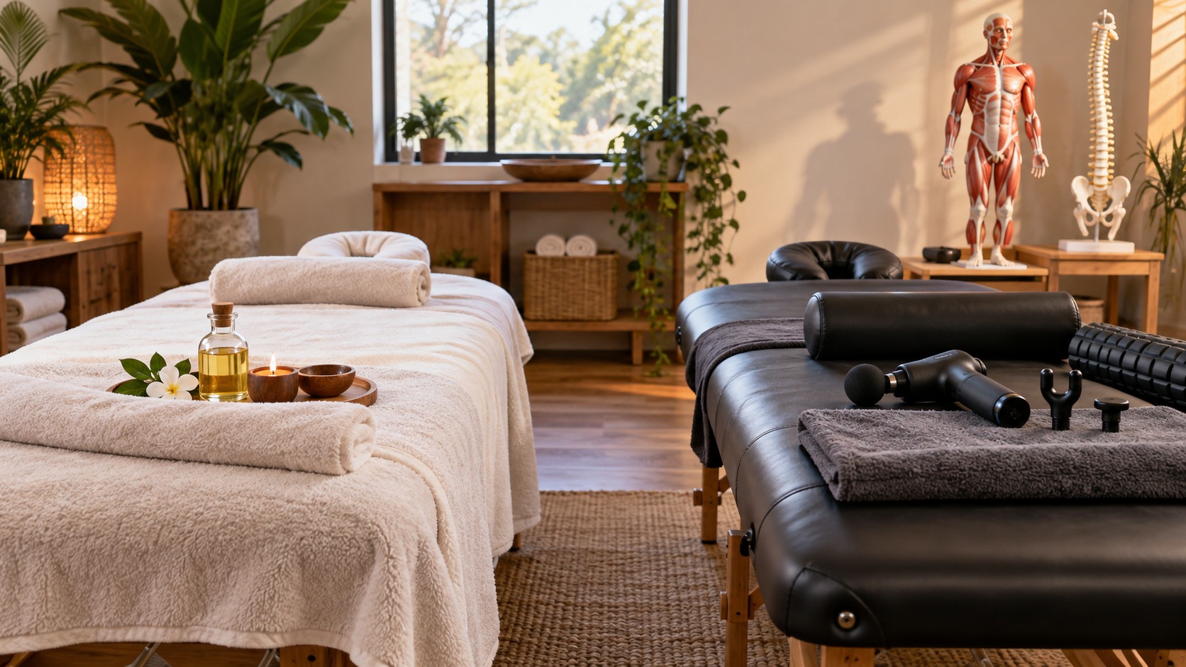 Two massage therapy tables prepared to compare relaxing Swedish massage and focused deep tissue work