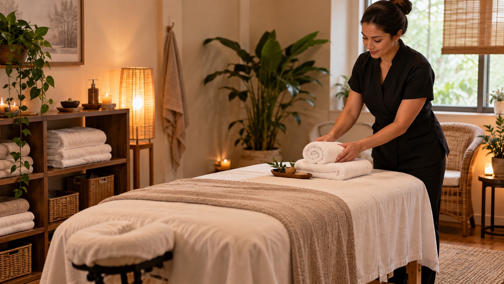 Massage therapist preparing towels in a warm professional treatment room
