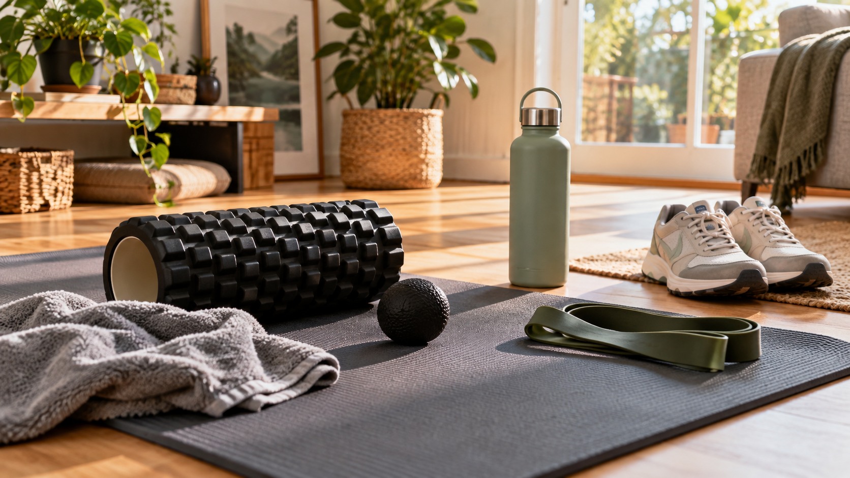 Home muscle recovery setup with foam roller massage ball towel water bottle and resistance band