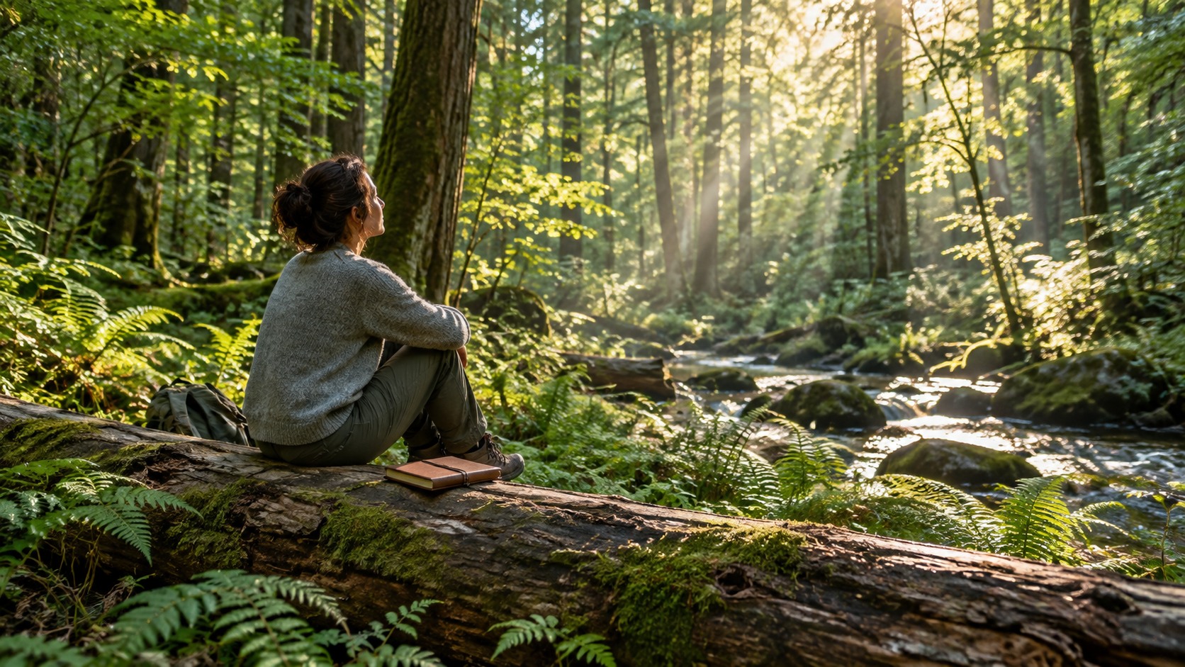Person sitting quietly on a fallen log in a lush forest with sunlight and closed notebook