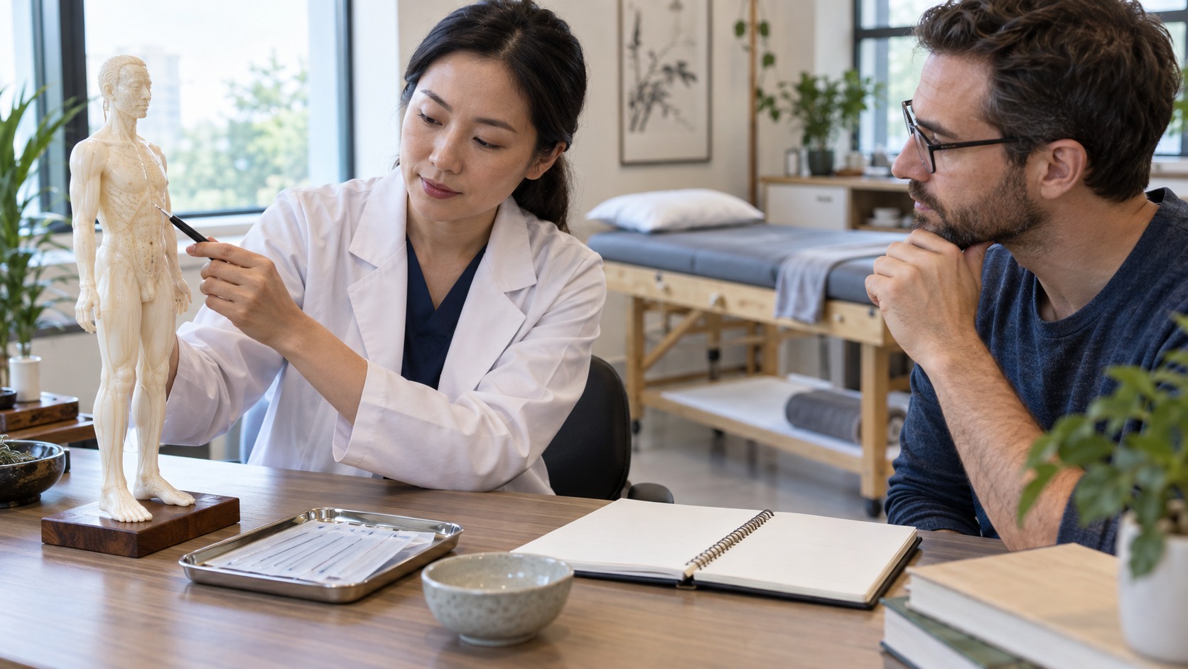Acupuncture clinician explaining a blank anatomical model beside sterile tools and a notebook