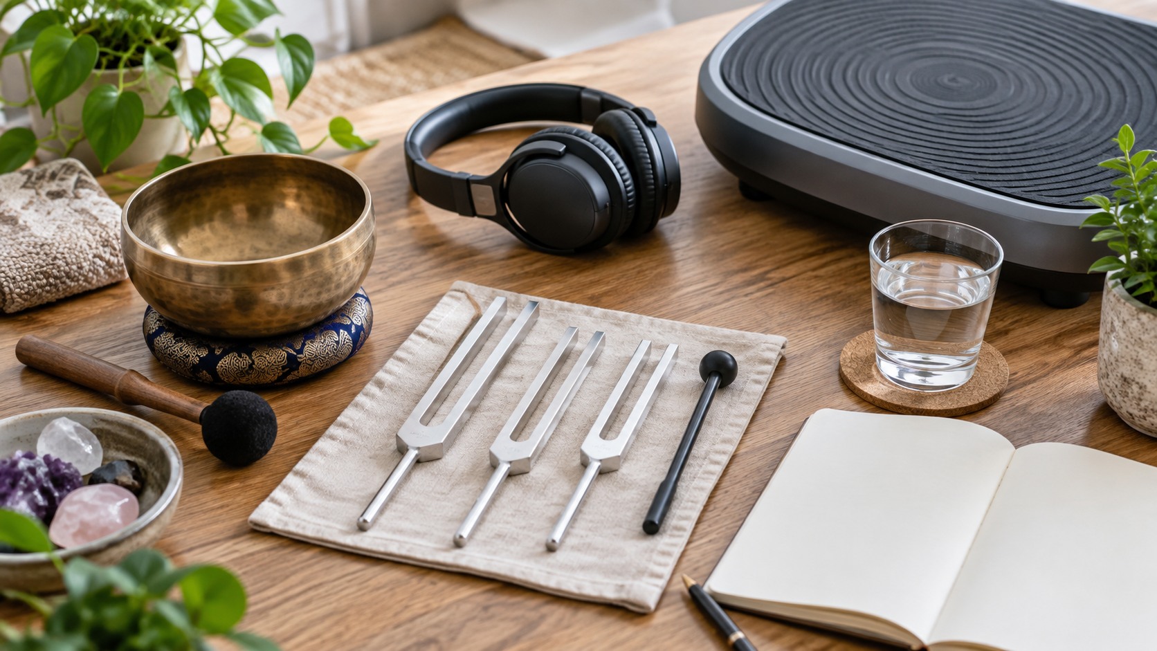 Tuning forks headphones singing bowl and blank notebook arranged on a wellness table
