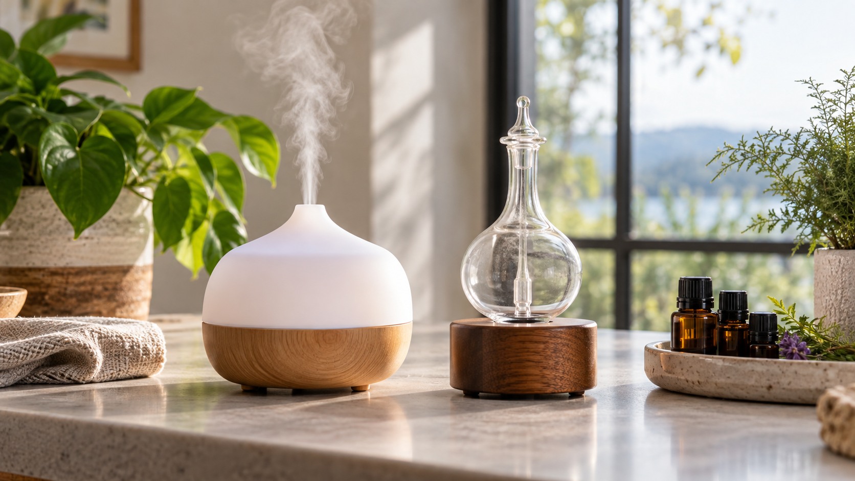 Ultrasonic mist diffuser beside glass nebulizing diffuser and unlabeled oil bottles