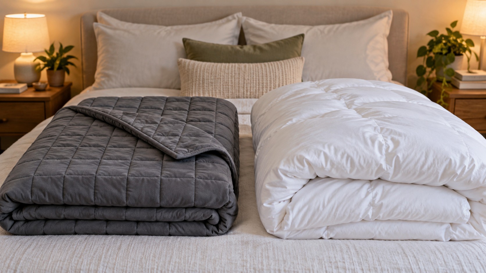 Bed showing a folded weighted blanket beside a fluffy plain comforter