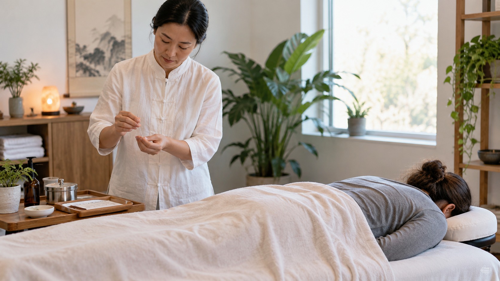 Acupuncture practitioner preparing sterile needles in a calm treatment room with a resting client