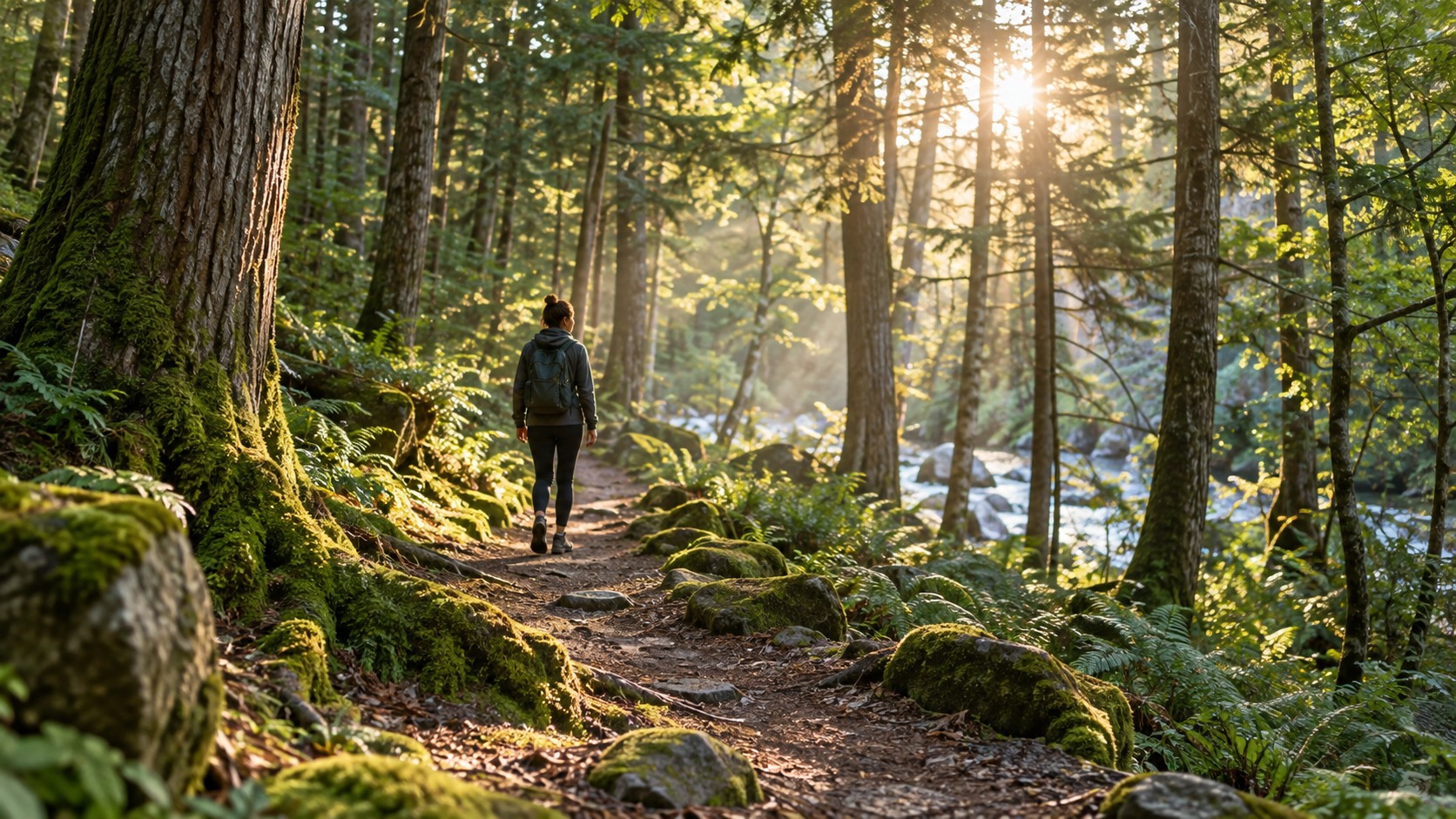 Person walking slowly on a sunlit forest trail with moss and tall trees