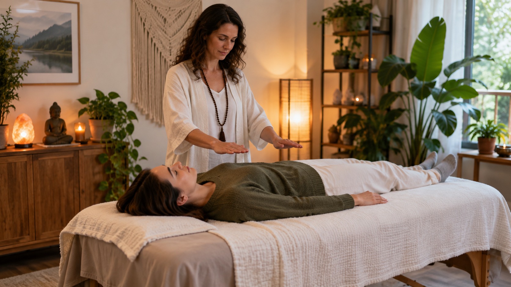 Reiki practitioner with hands hovering above a fully clothed client in a calm treatment room