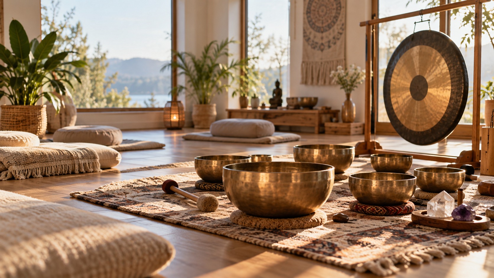 Singing bowls and gong arranged in a serene sound healing studio with floor cushions