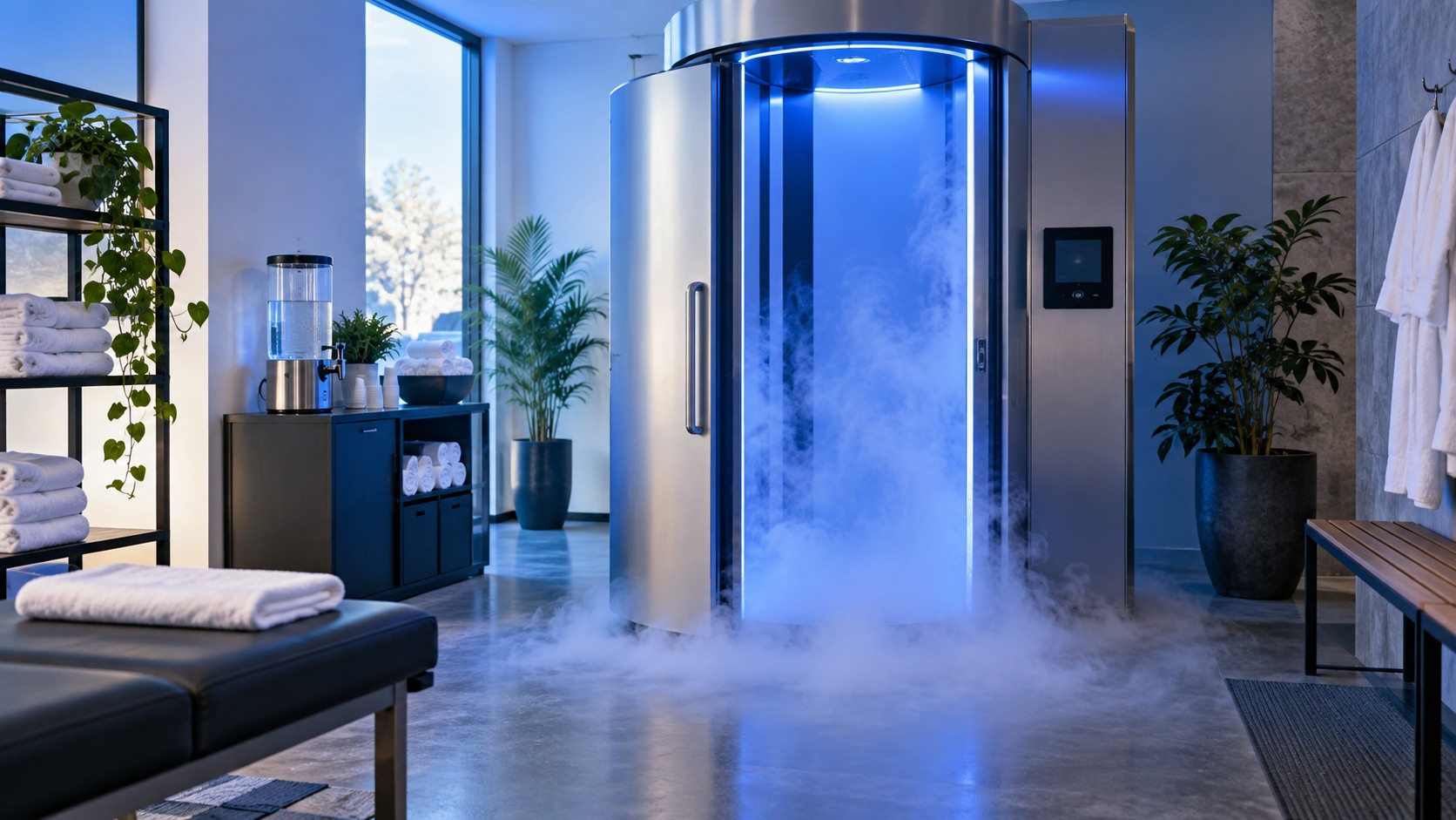 Whole-body cryotherapy chamber in a clean recovery studio with towels and plants