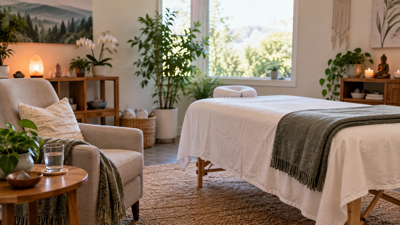 Prepared Reiki room with intake chair treatment table folded blanket and water glass